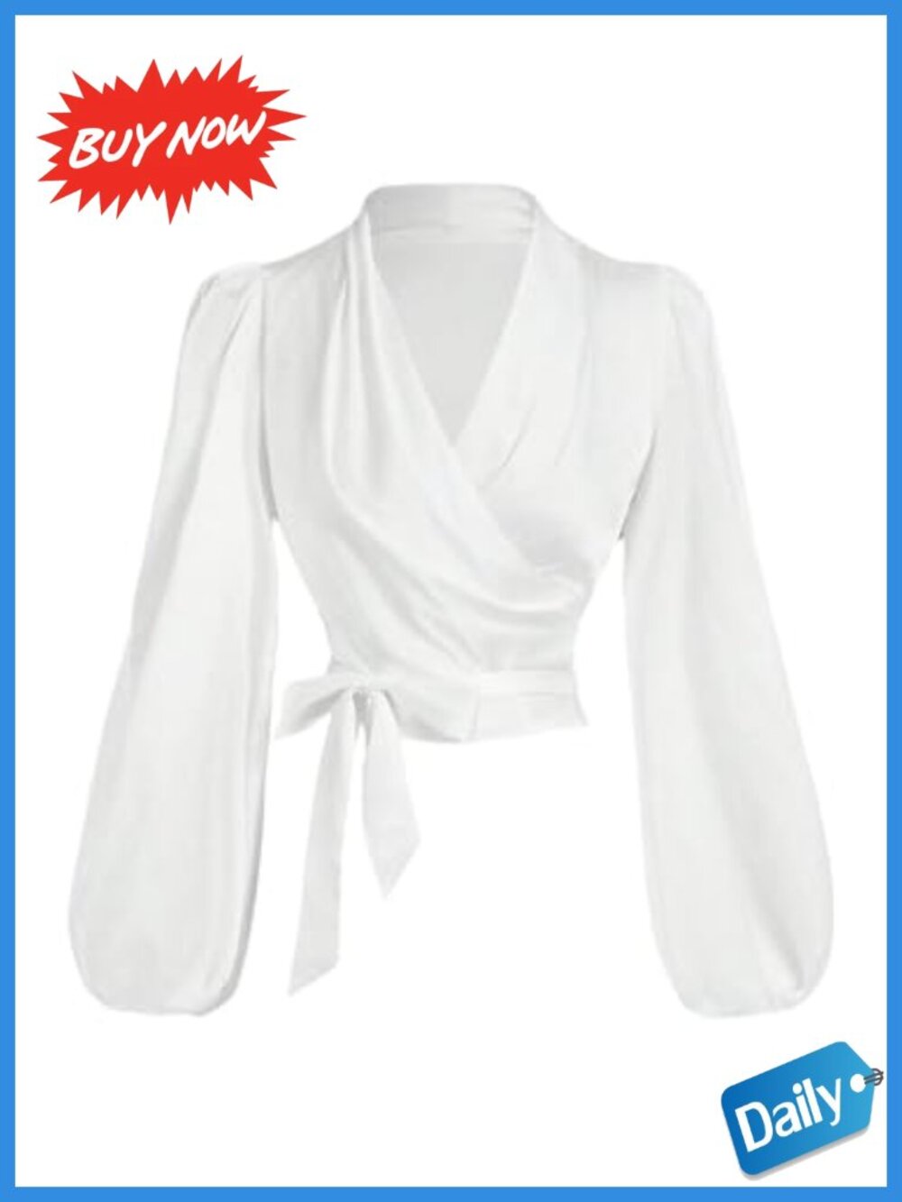 Wrap V Neck Self Tie Knot Crop Blouse with Bishop Sleeves